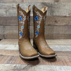 Women's Genuine Leather Cowgirl Boots Blue Flowers Est.251 Crazy Tang - OriginalWestern.com