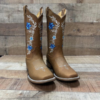 Women's Genuine Leather Cowgirl Boots Blue Flowers Est.251 Crazy Tang - OriginalWestern.com
