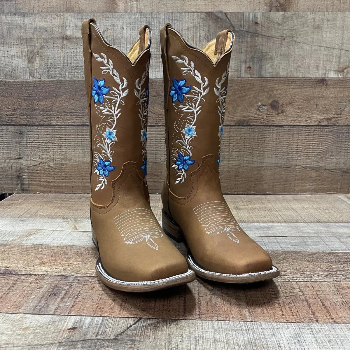 Women's Genuine Leather Cowgirl Boots Blue Flowers Est.251 Crazy Tang - OriginalWestern.com