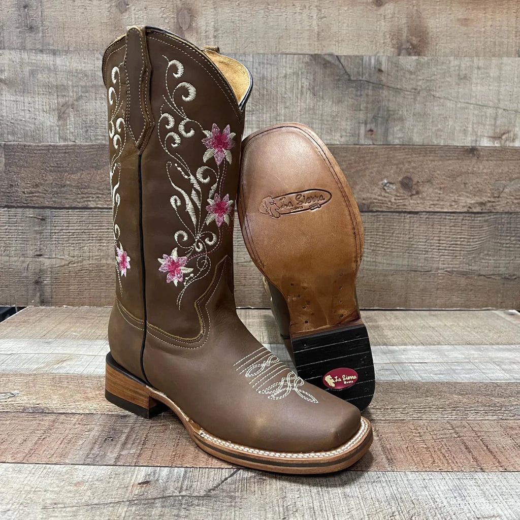 Women's Genuine Leather Cowgirl Boots Pink Flowers Est. 804 Tan - OriginalWestern.com