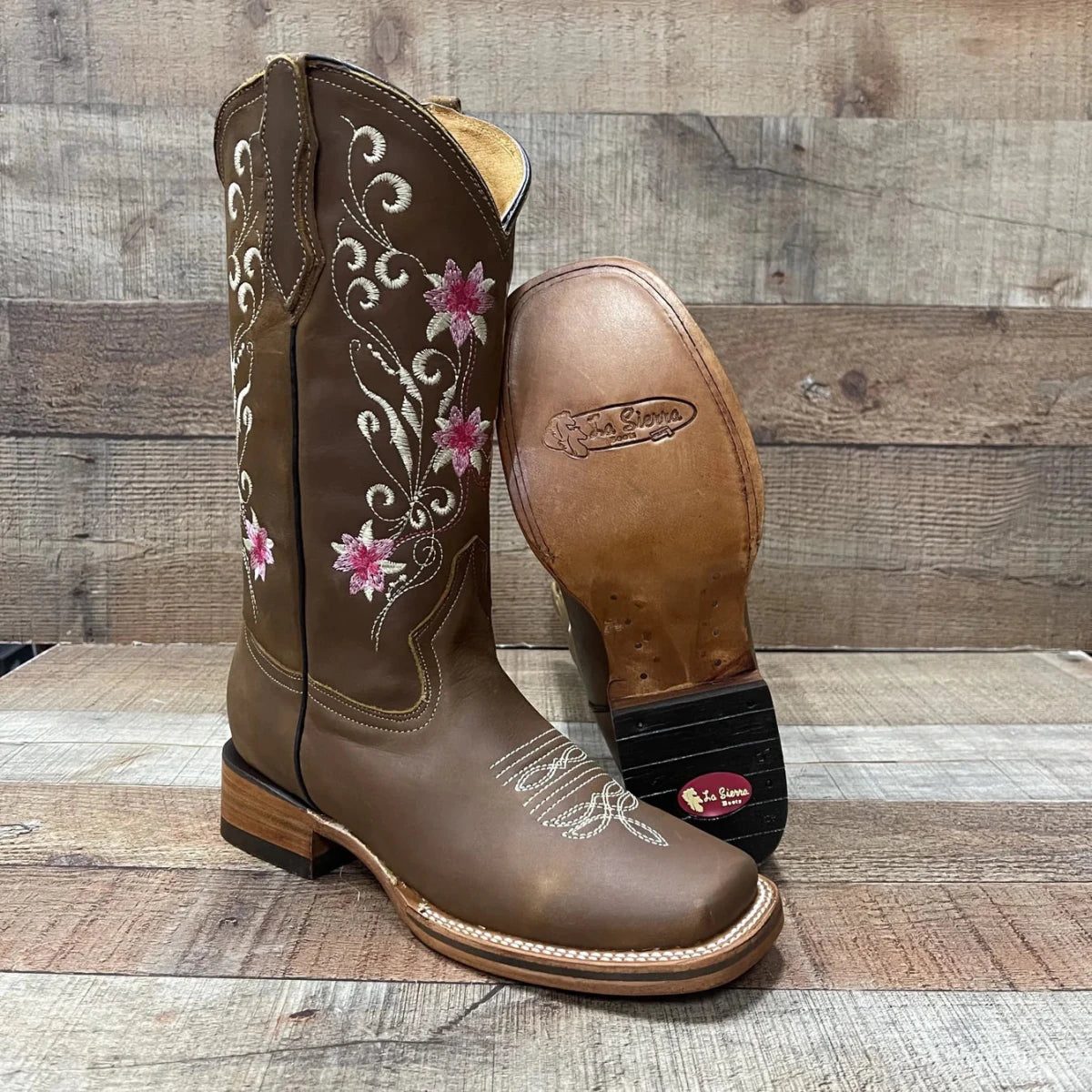 Women's Genuine Leather Cowgirl Boots Pink Flowers Est. 804 Tan - OriginalWestern.com