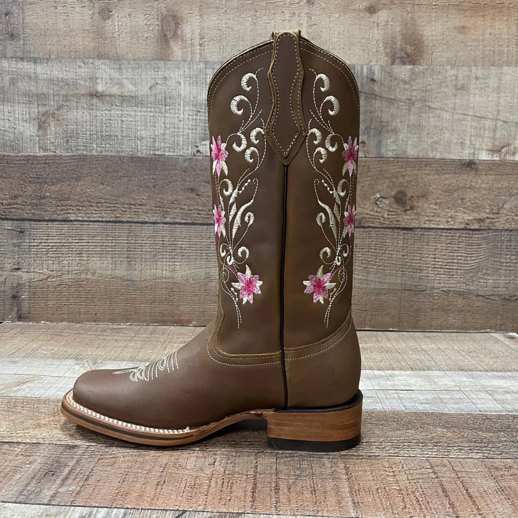 Women's Genuine Leather Cowgirl Boots Pink Flowers Est. 804 Tan - OriginalWestern.com