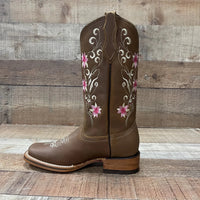 Women's Genuine Leather Cowgirl Boots Pink Flowers Est. 804 Tan - OriginalWestern.com