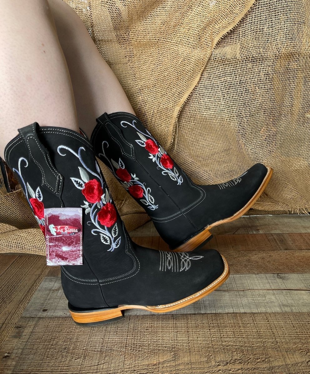 Women's Rodeo Western Cowgirl Boots Red Roses Embroidered Desing Est. 803 Black - OriginalWestern.com