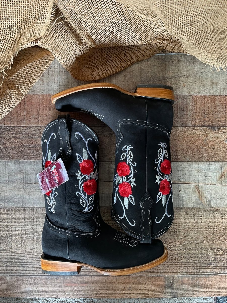 Women's Rodeo Western Cowgirl Boots Red Roses Embroidered Desing Est. 803 Black - OriginalWestern.com