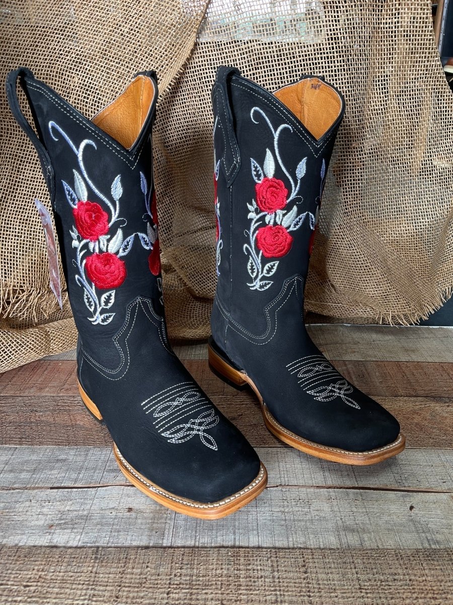 Women's Rodeo Western Cowgirl Boots Red Roses Embroidered Desing Est. 803 Black - OriginalWestern.com