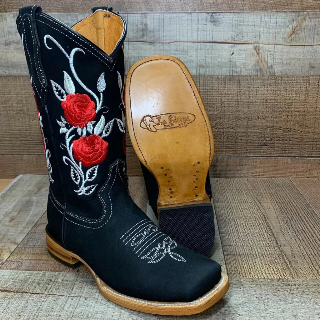 Women's Rodeo Western Cowgirl Boots Red Roses Embroidered Desing Est. 803 Black - OriginalWestern.com