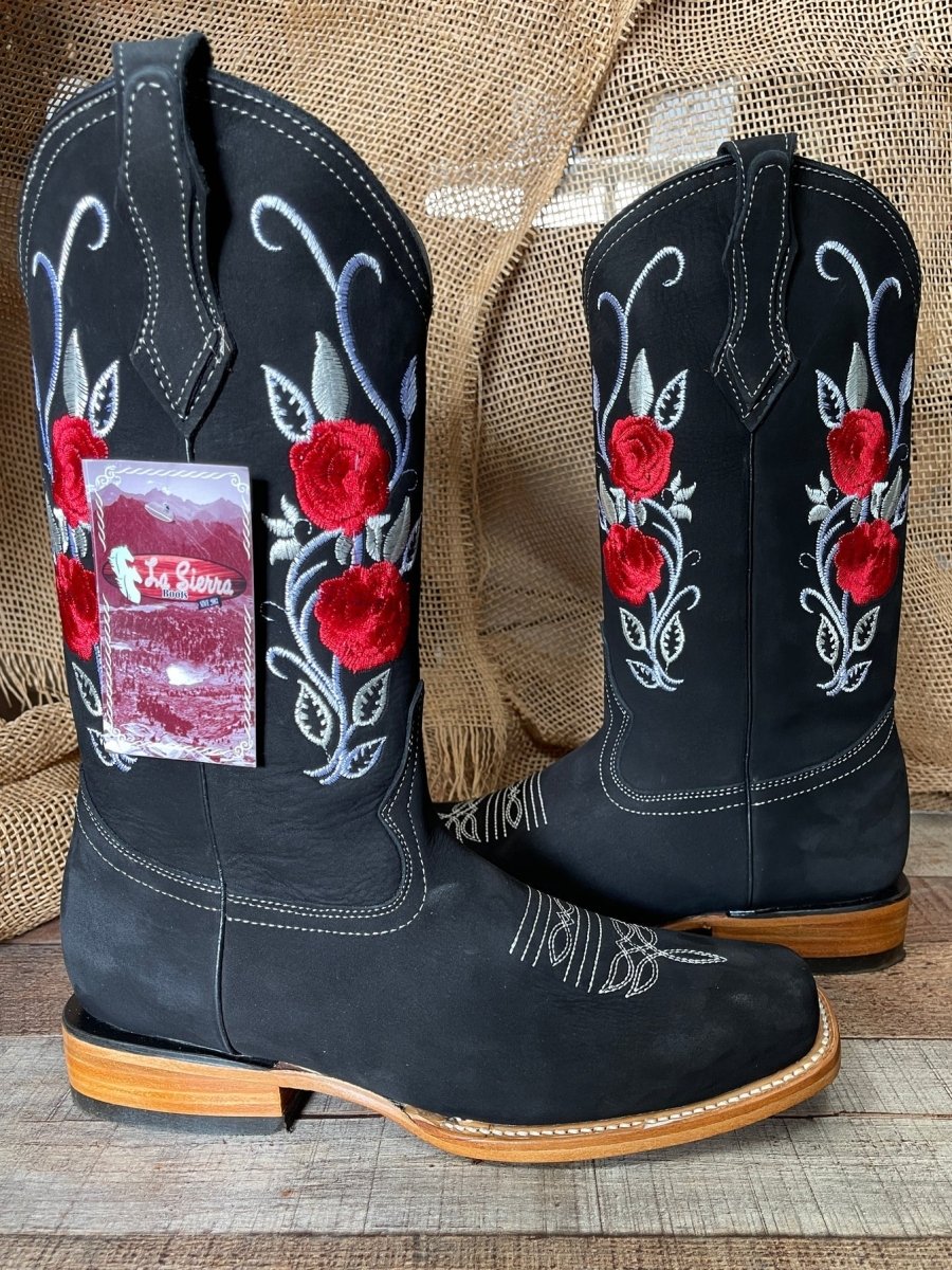 Women's Rodeo Western Cowgirl Boots Red Roses Embroidered Desing Est. 803 Black - OriginalWestern.com