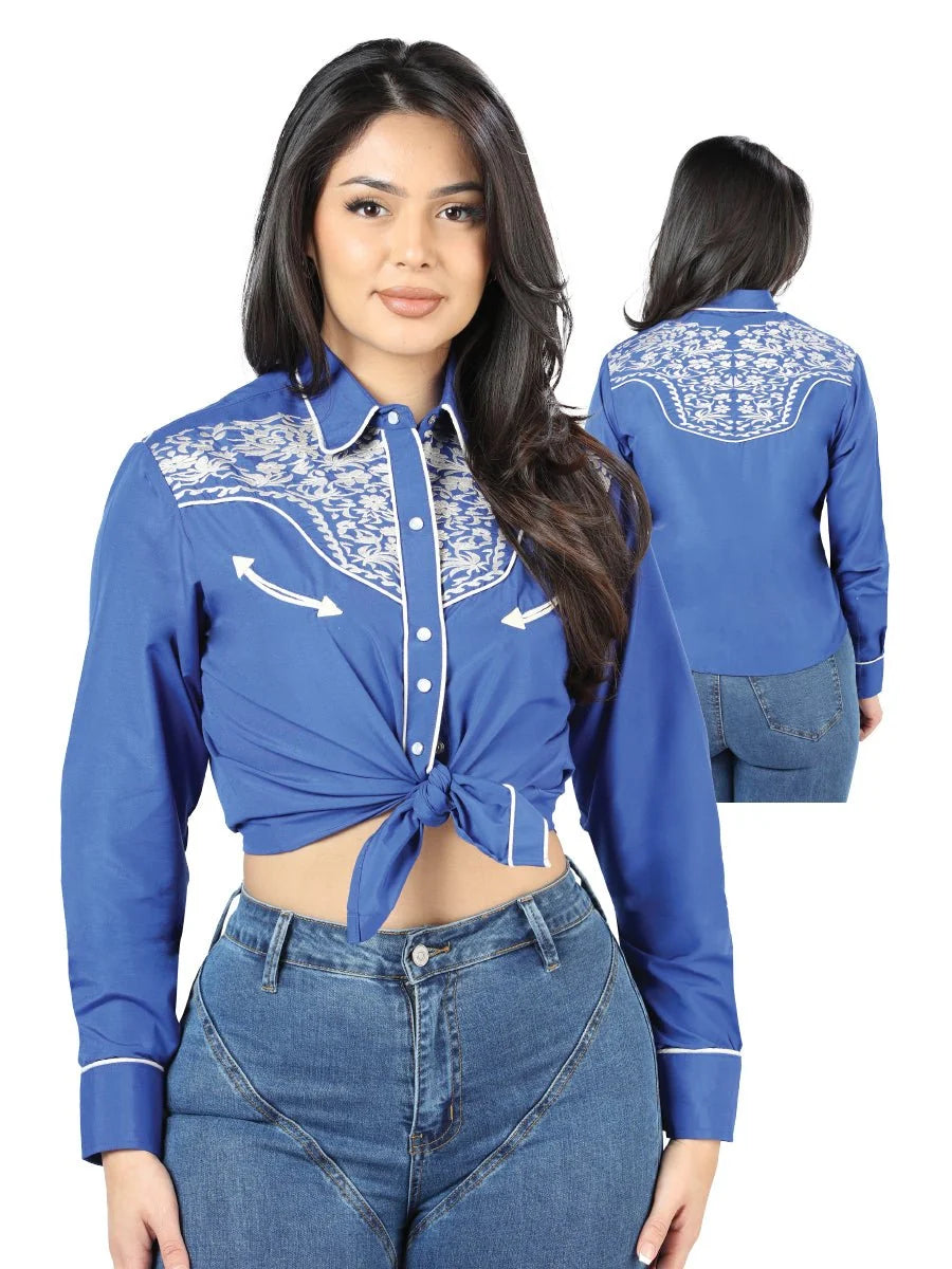 Centenario  Womens Royal Blue Embroidered Western-style Blouse 44185