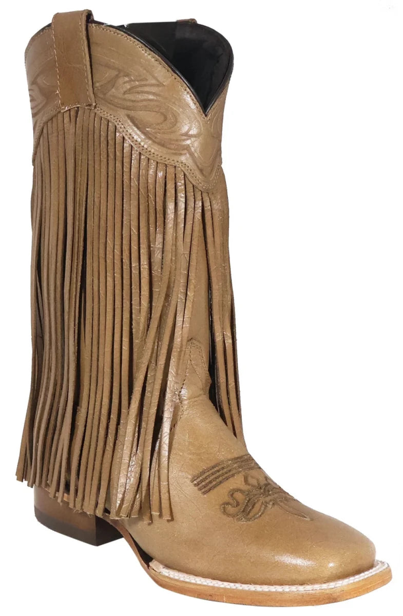 Women´s Silverton Chloe Fringe All Leather Wide Square Toe Boots-Beige - OriginalWestern.com