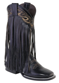 Women´s Silverton Chloe Fringe All Leather Wide Square Toe Boots-Black - OriginalWestern.com
