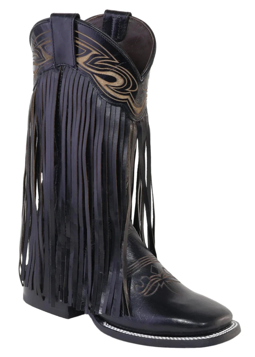Women´s Silverton Chloe Fringe All Leather Wide Square Toe Boots-Black - OriginalWestern.com