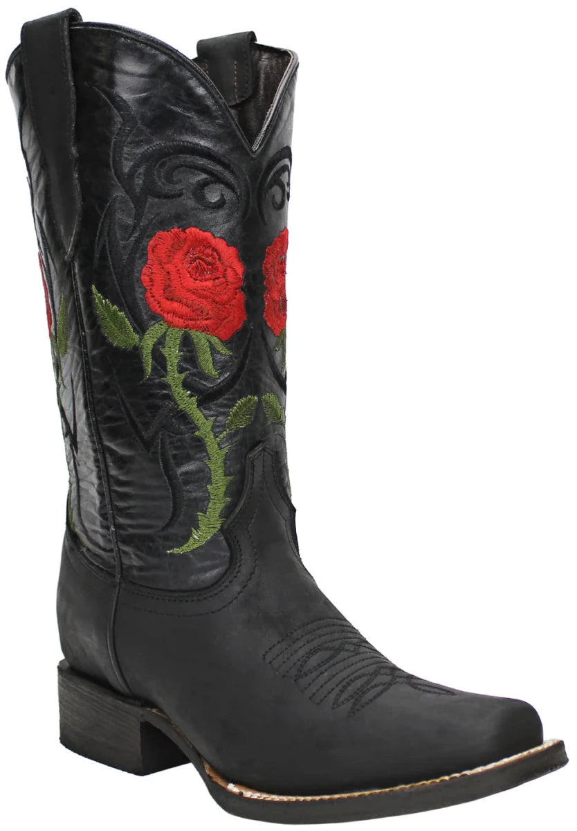 Women´s Silverton Rose All Leather Square Toe Boots - Black - OriginalWestern.com