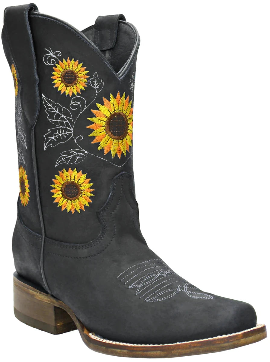 Women´s Silverton Sunflower All Leather Square Toe Boots - Black - OriginalWestern.com