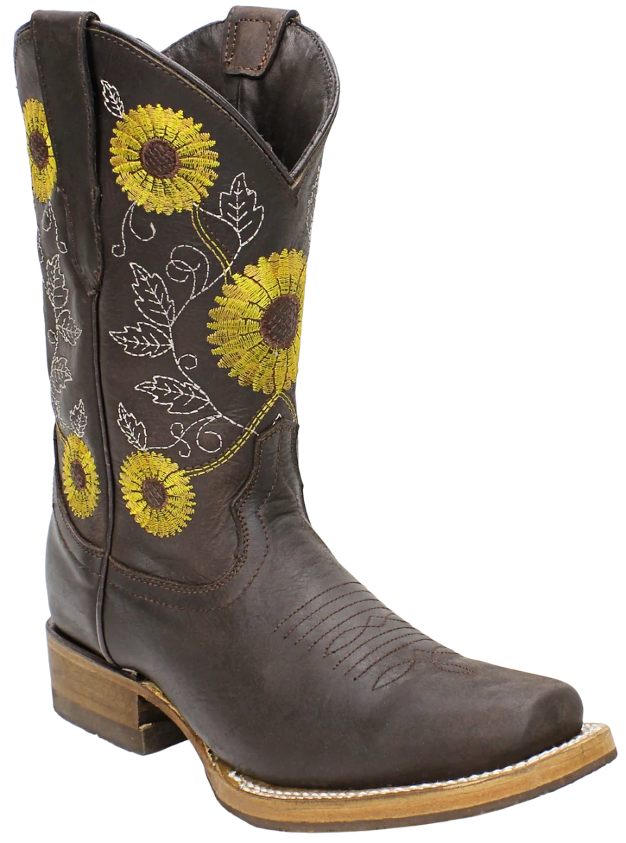 Women´s Silverton Sunflower All Leather Square Toe Boots - Chocolate - OriginalWestern.com