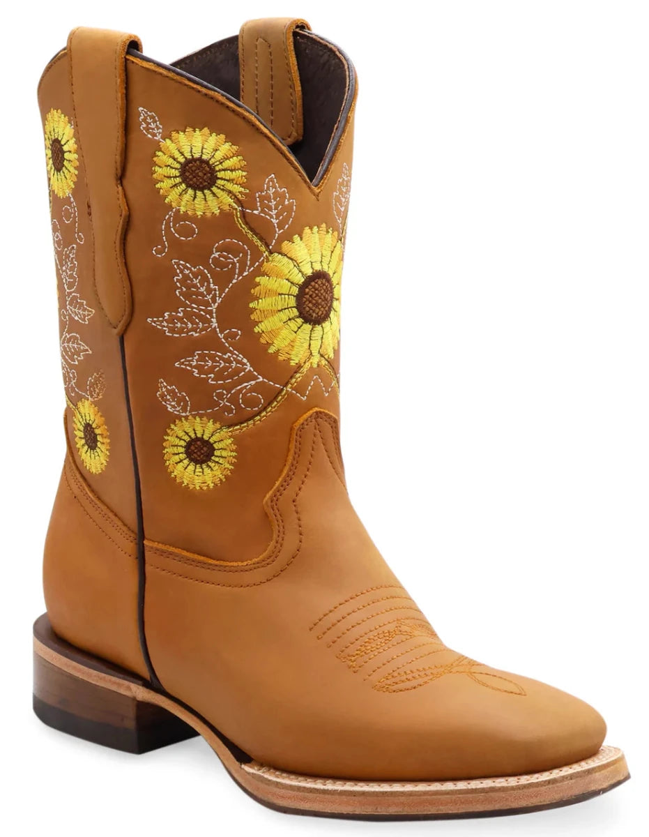 Women´s Silverton Sunflower All Leather Wide Square Toe Boots - Honey - OriginalWestern.com