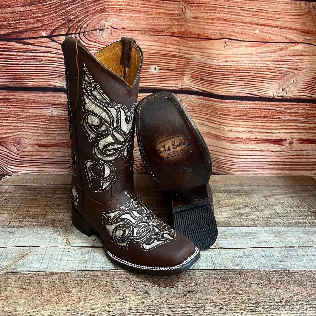 Women's Western Rodeo Square Toe Glitter Inlay Leather Boots Est. 258 Brown - OriginalWestern.com