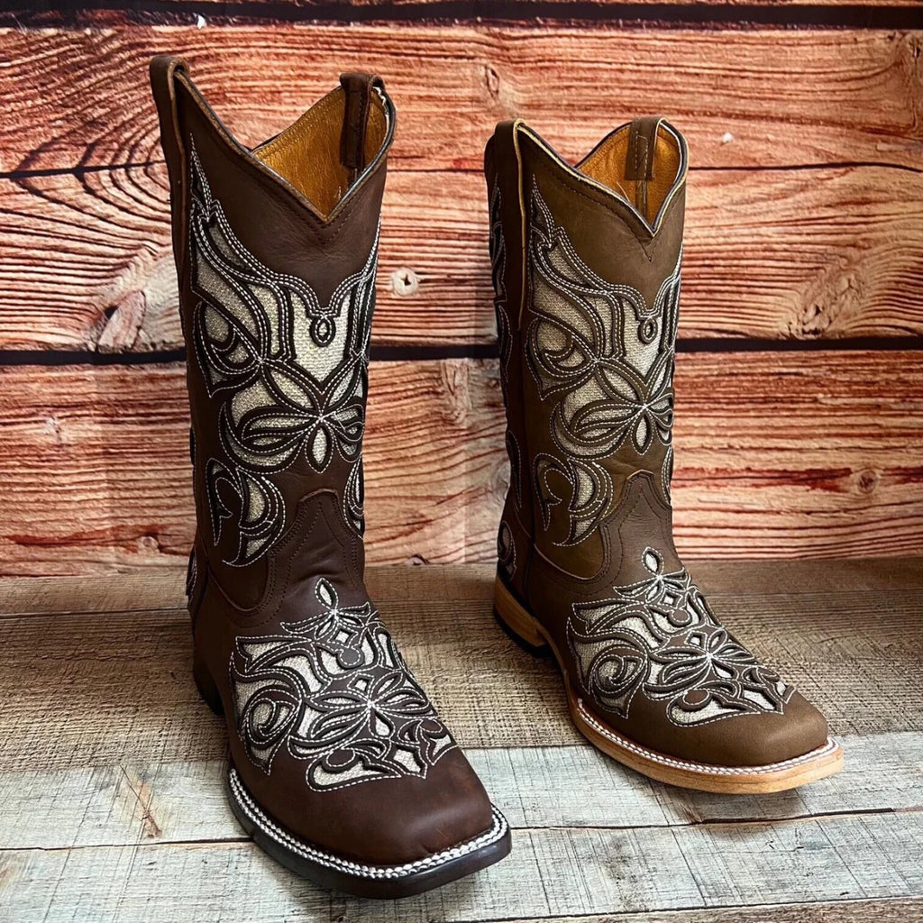 Women's Western Rodeo Square Toe Glitter Inlay Leather Boots Est. 258 Brown - OriginalWestern.com