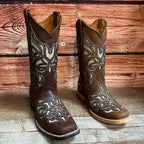 Women's Western Rodeo Square Toe Glitter Inlay Leather Boots Est. 258 Brown - OriginalWestern.com