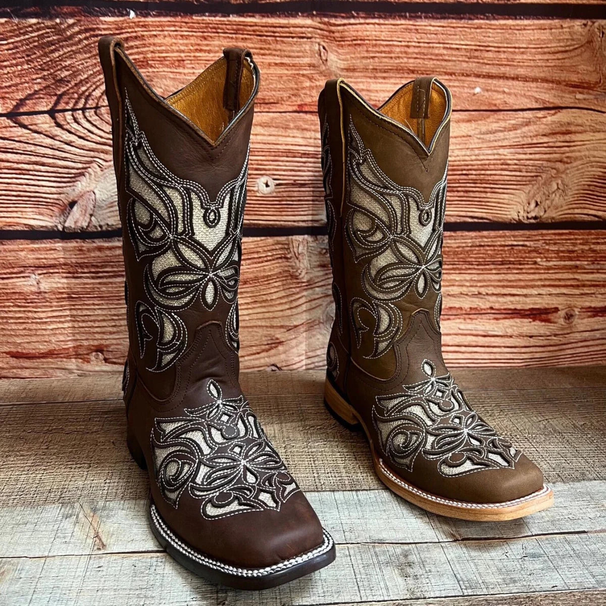 Women's Western Rodeo Square Toe Glitter Inlay Leather Boots Est. 258 Brown - OriginalWestern.com
