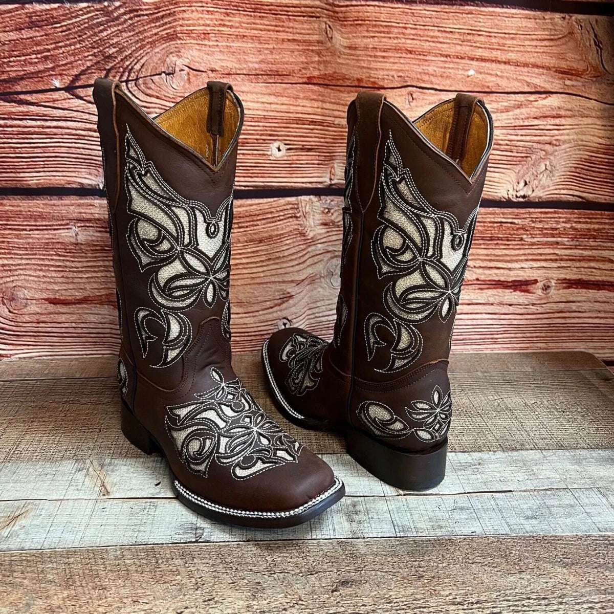 Women's Western Rodeo Square Toe Glitter Inlay Leather Boots Est. 258 Brown - OriginalWestern.com