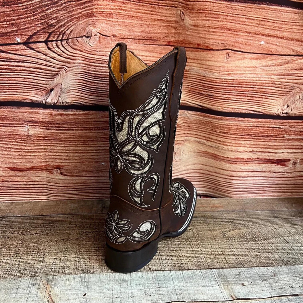 Women's Western Rodeo Square Toe Glitter Inlay Leather Boots Est. 258 Brown - OriginalWestern.com