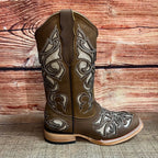 Women's Western Rodeo Square Toe Glitter Inlay Leather Boots Est. 258 Brown - OriginalWestern.com