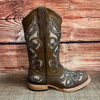 Women's Western Rodeo Square Toe Glitter Inlay Leather Boots Est. 258 Brown - OriginalWestern.com