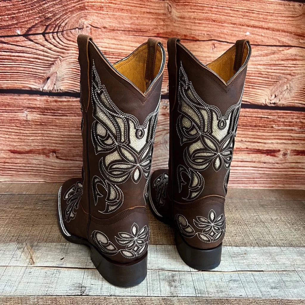Women's Western Rodeo Square Toe Glitter Inlay Leather Boots Est. 258 Brown - OriginalWestern.com