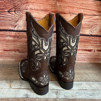 Women's Western Rodeo Square Toe Glitter Inlay Leather Boots Est. 258 Brown - OriginalWestern.com