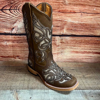 Women's Western Rodeo Square Toe Glitter Inlay Leather Boots Est. 258 Tan - OriginalWestern.com