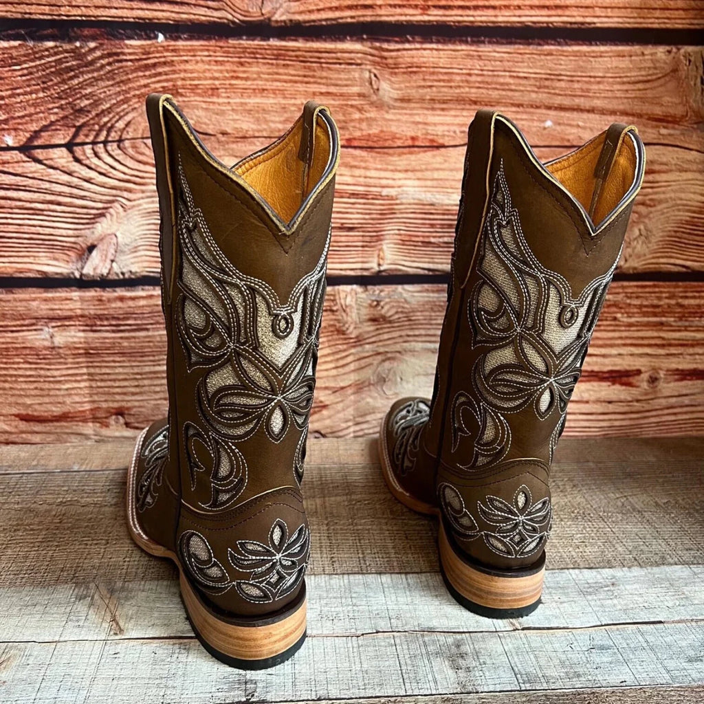 Women's Western Rodeo Square Toe Glitter Inlay Leather Boots Est. 258 Tan - OriginalWestern.com