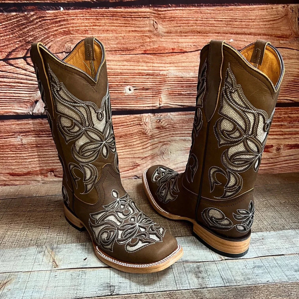 Women's Western Rodeo Square Toe Glitter Inlay Leather Boots Est. 258 Tan - OriginalWestern.com