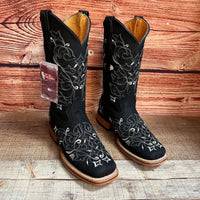 Women's Western Rodeo Square Toe Glitter Inlay Leather Boots Est. 903 Black - OriginalWestern.com