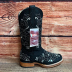 Women's Western Rodeo Square Toe Glitter Inlay Leather Boots Est. 903 Black - OriginalWestern.com
