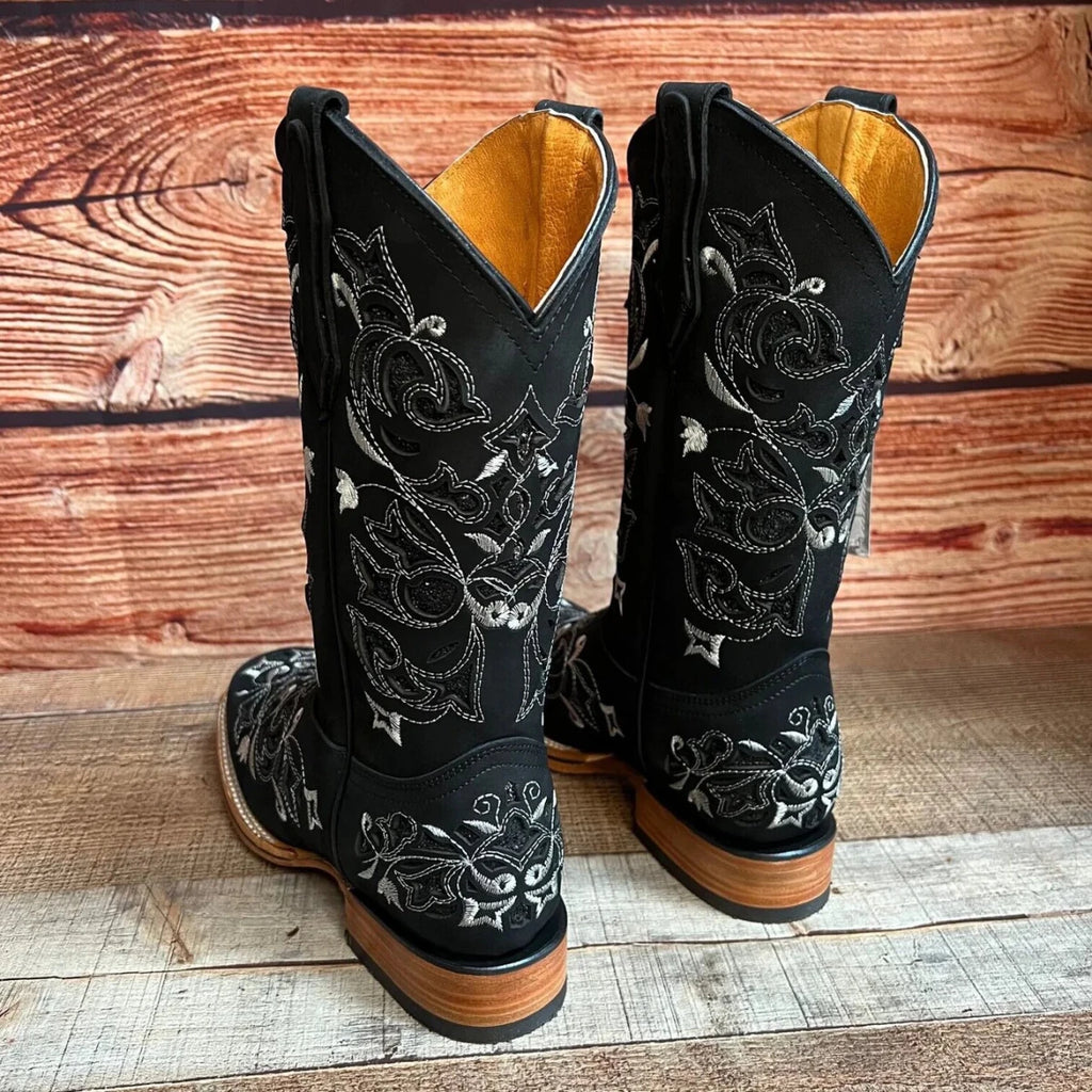 Women's Western Rodeo Square Toe Glitter Inlay Leather Boots Est. 903 Black - OriginalWestern.com