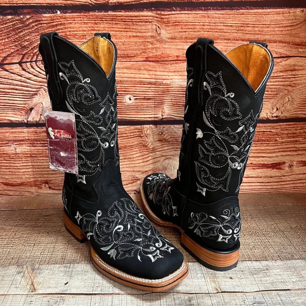 Women's Western Rodeo Square Toe Glitter Inlay Leather Boots Est. 903 Black - OriginalWestern.com