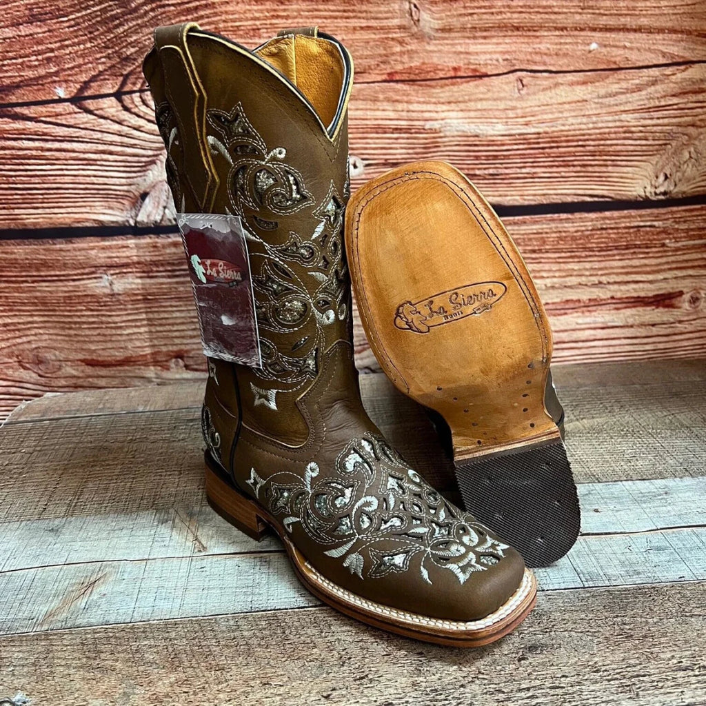Women's Western Rodeo Square Toe Glitter Inlay Leather Boots Est. 903 Tan - OriginalWestern.com