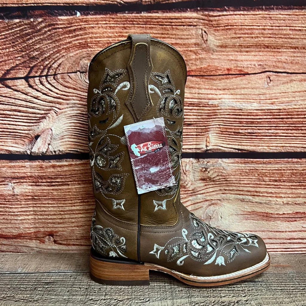 Women's Western Rodeo Square Toe Glitter Inlay Leather Boots Est. 903 Tan - OriginalWestern.com