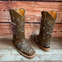 Women's Western Rodeo Square Toe Glitter Inlay Leather Boots Est. 903 Tan - OriginalWestern.com