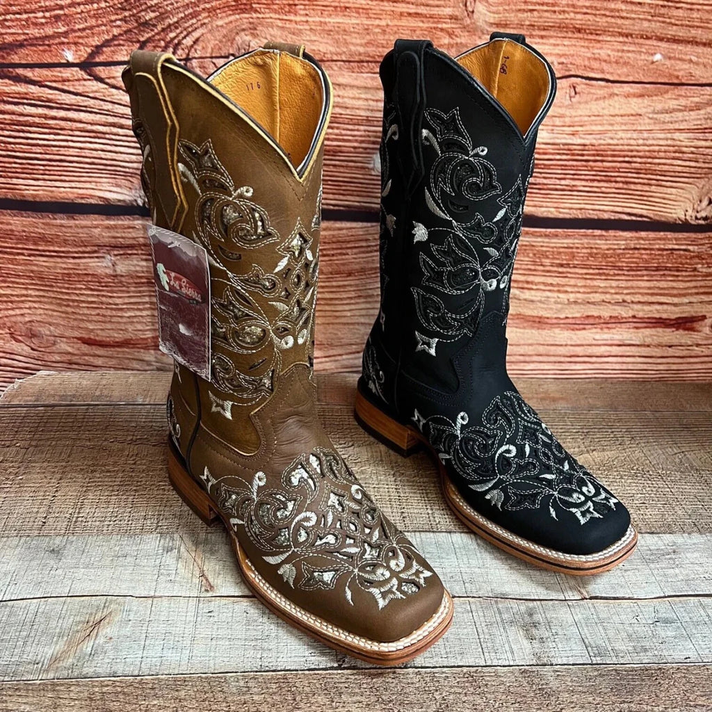 Women's Western Rodeo Square Toe Glitter Inlay Leather Boots Est. 903 Tan - OriginalWestern.com