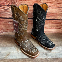 Women's Western Rodeo Square Toe Glitter Inlay Leather Boots Est. 903 Tan - OriginalWestern.com