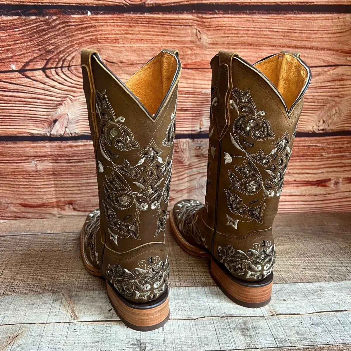 Women's Western Rodeo Square Toe Glitter Inlay Leather Boots Est. 903 Tan - OriginalWestern.com