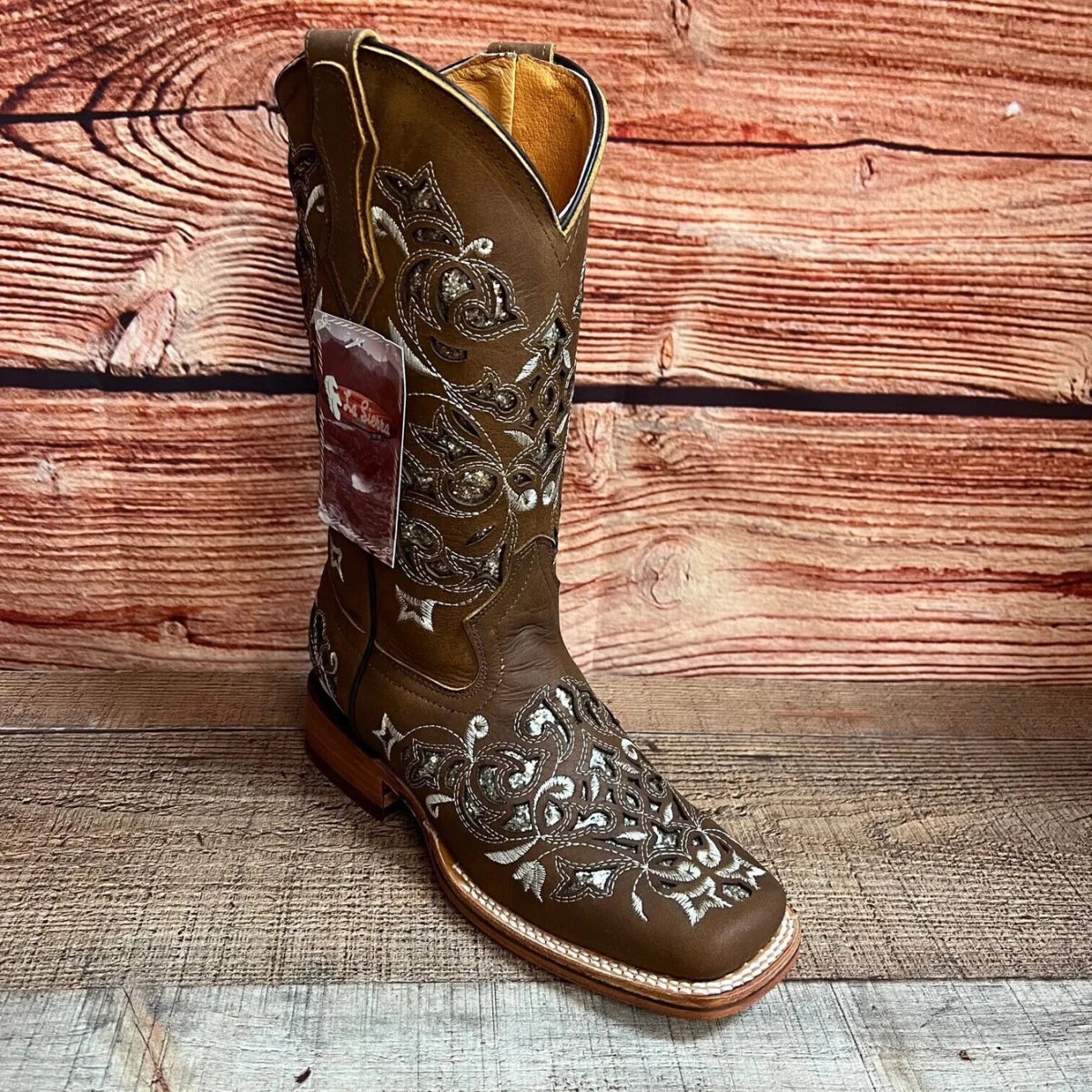 Women's Western Rodeo Square Toe Glitter Inlay Leather Boots Est. 903 Tan - OriginalWestern.com