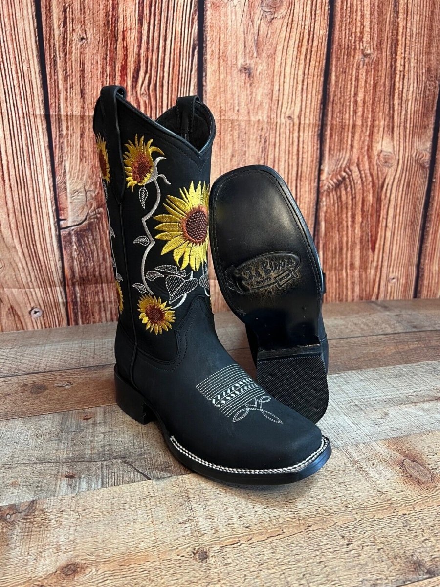 Women's Western Rodeo Square Toe Sunflower Embroidery Leather Boots Est. 255/257 Black - OriginalWestern.com