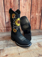 Women's Western Rodeo Square Toe Sunflower Embroidery Leather Boots Est. 255/257 Black - OriginalWestern.com