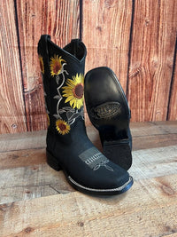 Women's Western Rodeo Square Toe Sunflower Embroidery Leather Boots Est. 255/257 Black - OriginalWestern.com