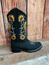 Women's Western Rodeo Square Toe Sunflower Embroidery Leather Boots Est. 255/257 Black - OriginalWestern.com
