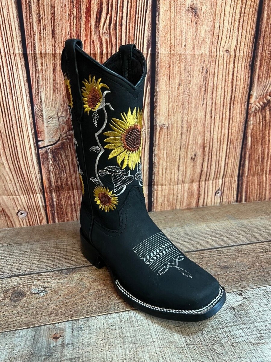 Women's Western Rodeo Square Toe Sunflower Embroidery Leather Boots Est. 255/257 Black - OriginalWestern.com