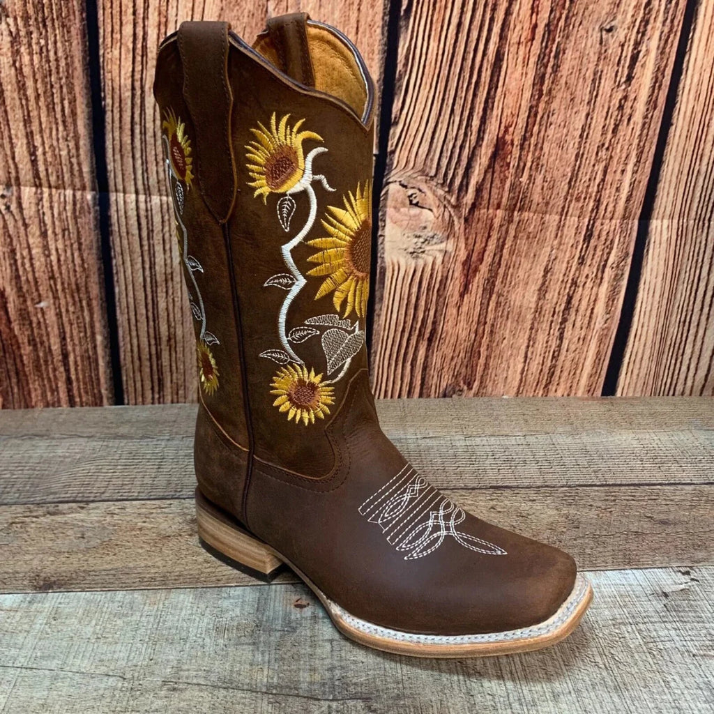 Women's Western Rodeo Square Toe Sunflower Embroidery Leather Boots Est. 255/257 Brown - OriginalWestern.com